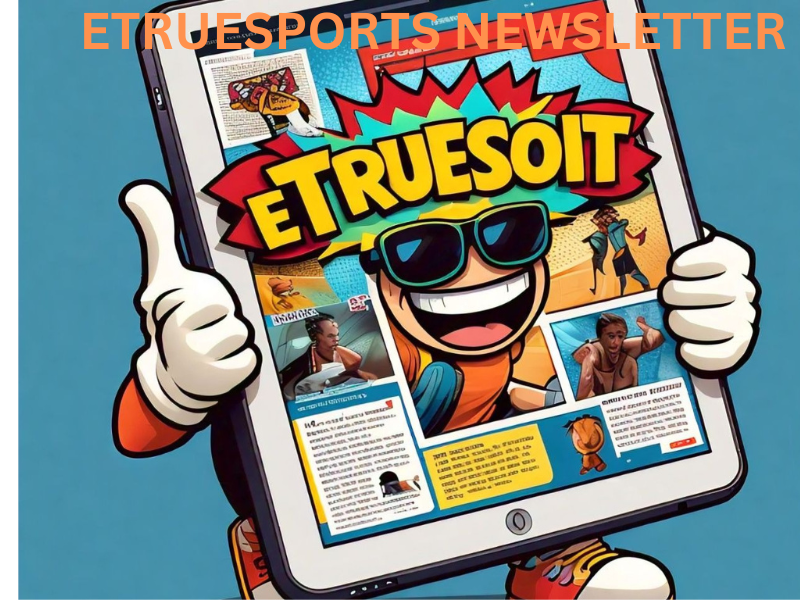 The image is a 3D visualization of a tablet device displaying the eTrueSports newsletter.