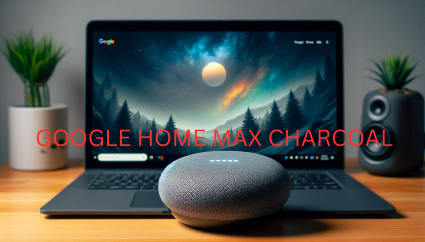 Google Home Max Charcoal next to a laptop.