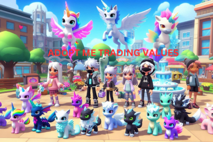 Adopt Me trading values players in the town square with Neon Unicorn and Frost Dragon pets.