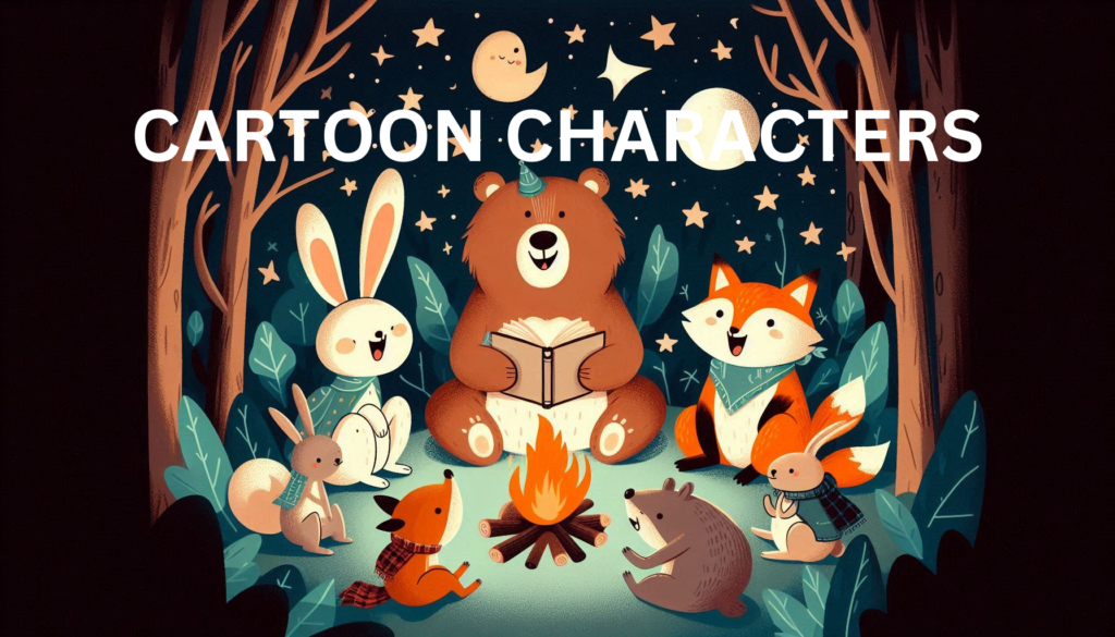 Cartoon animals including a bear, fox, and rabbit sitting around a campfire at night, illustrating friendship and camaraderie."