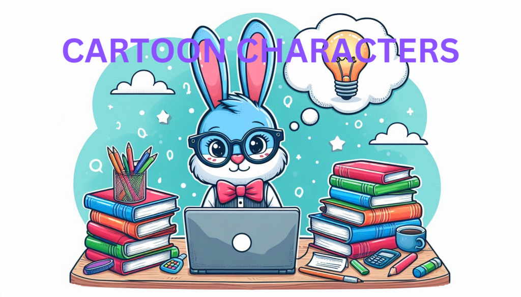 A cartoon rabbit wearing glasses and a bowtie, sitting at a desk with books and a laptop, representing an intellectual character.