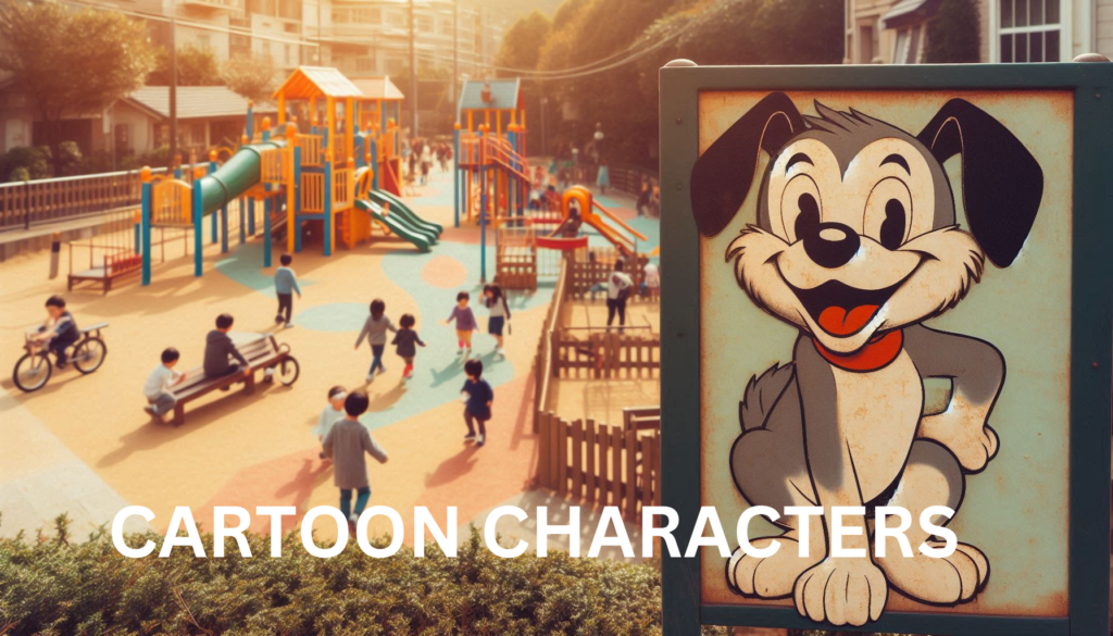 A cheerful cartoon dog beside a children's playground, with kids playing in the background, evoking feelings of nostalgia.