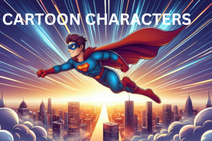 A superhero cartoon character flying in the sky over a city skyline, symbolizing adventure and heroism