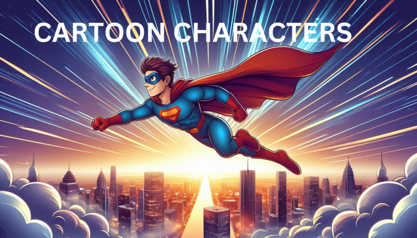 A superhero cartoon character flying in the sky over a city skyline, symbolizing adventure and heroism