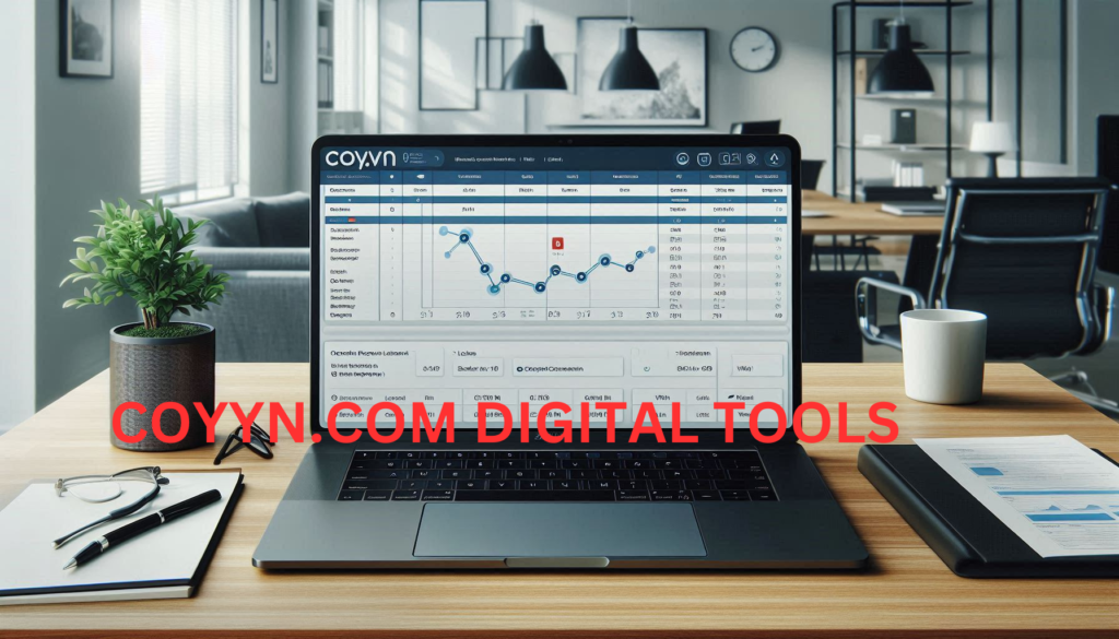 Laptop displaying Coyyn.com's project management dashboard with Gantt chart.