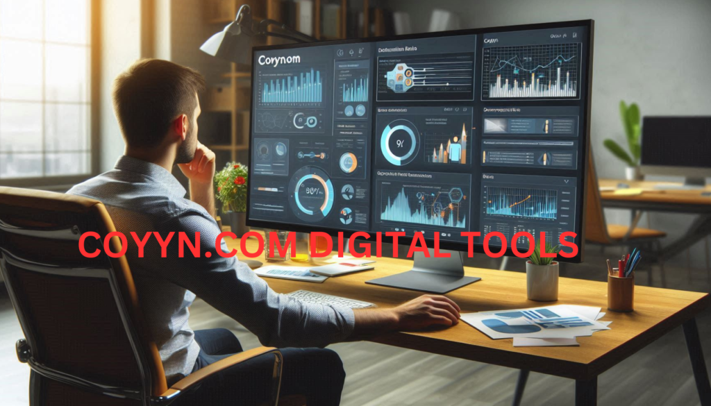 Business analyst using Coyyn.com's data analysis tool with graphs and charts on a monitor.