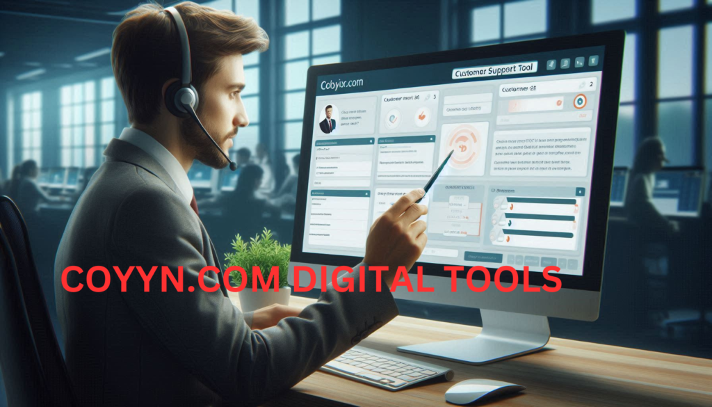 Customer support representative using Coyyn.com's ticketing system at a call center.