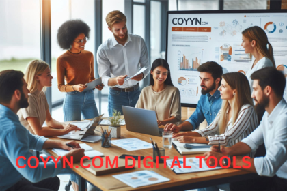 Team of professionals using Coyyn.com's collaboration tools in an open office space.