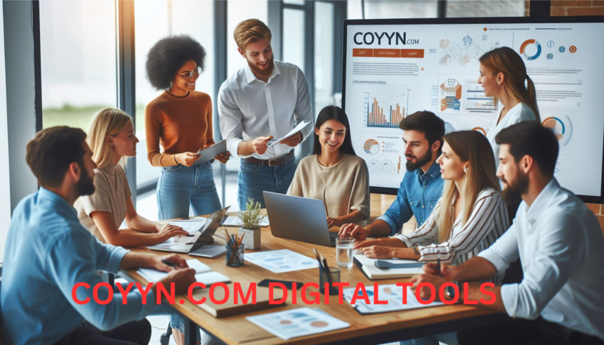 Team of professionals using Coyyn.com's collaboration tools in an open office space.