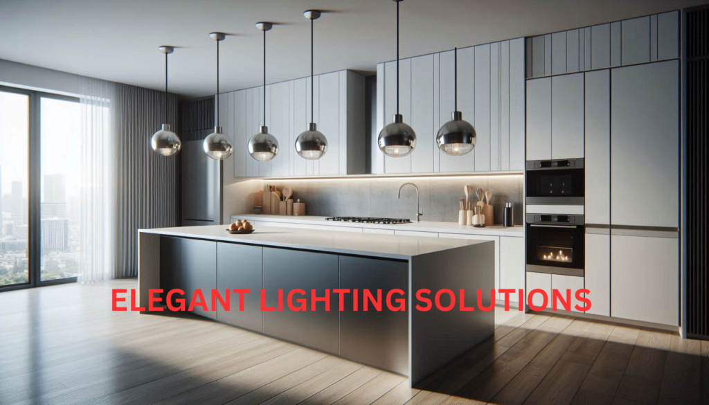 Sleek kitchen with pendant lights over a central island, stainless steel appliances, and white cabinets.