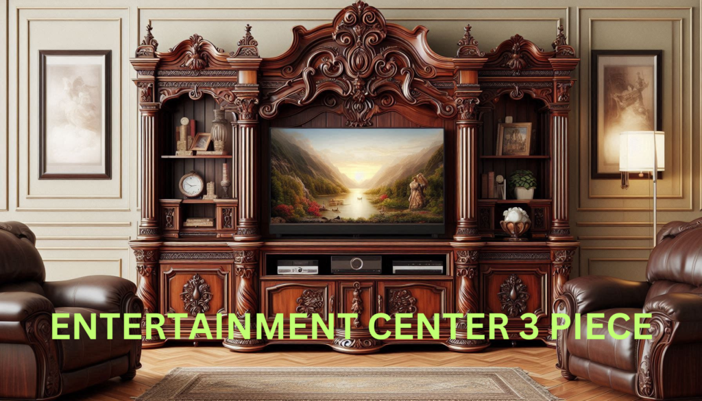 Traditional mahogany entertainment center 3 piece with ornate details.