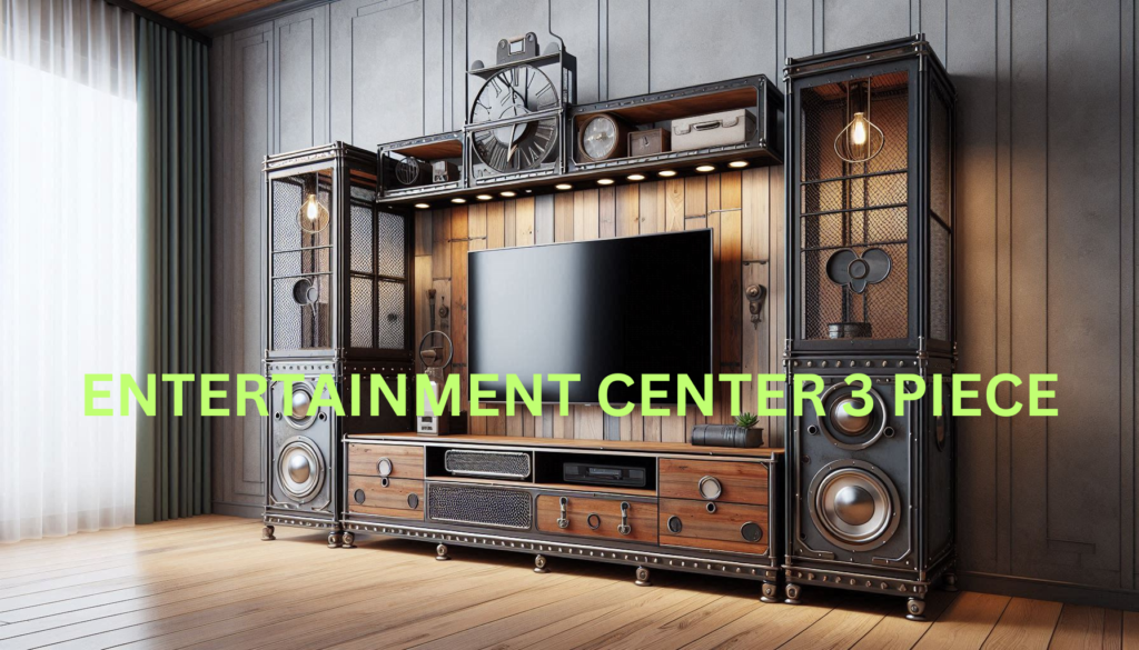 Industrial 3-piece entertainment center with metal and wood elements.