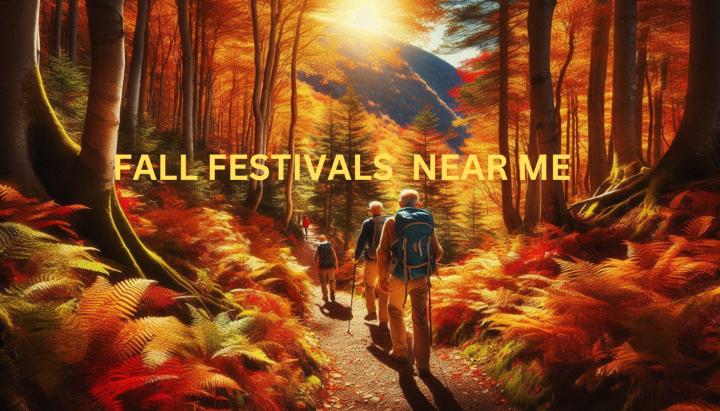 Hikers on a trail surrounded by fall foliage.