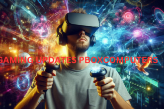 Gamer immersed in a virtual reality experience with VR headset and interactive graphics.