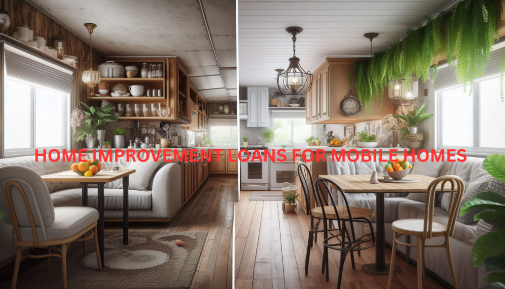 Before-and-after image of a mobile home kitchen renovation. 