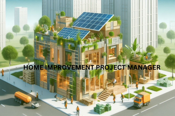 Eco-friendly construction site with green building materials and solar panels.