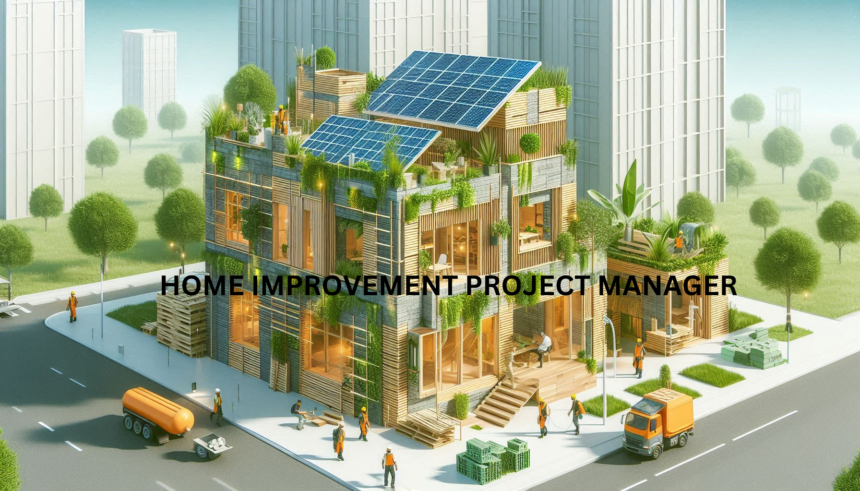 Eco-friendly construction site with green building materials and solar panels.