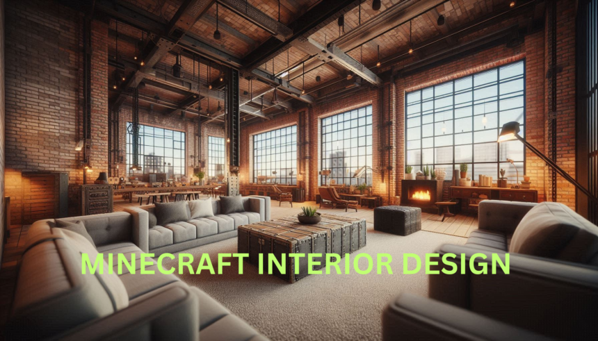 Industrial-style living area in Minecraft with exposed brick walls and metal furniture.