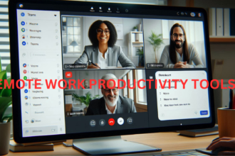 Microsoft Teams video meeting with four team members on screen, chat on the right, and shared documents visible.