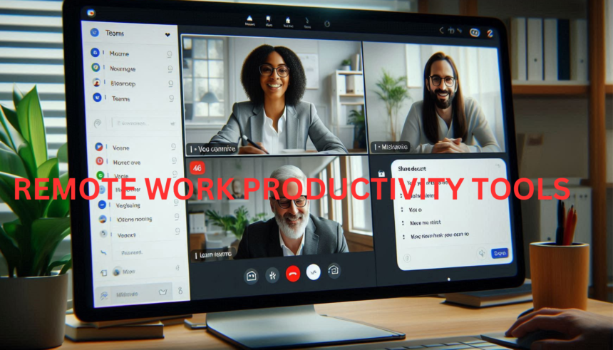 Microsoft Teams video meeting with four team members on screen, chat on the right, and shared documents visible.