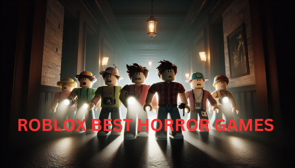 Roblox characters exploring a haunted hallway with flickering lights and eerie atmosphere.