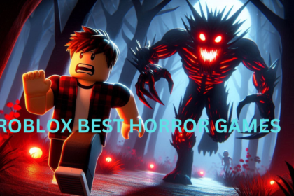 Roblox character running from a monster with glowing red eyes in a dimly lit forest.