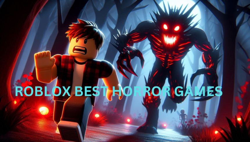 Roblox character running from a monster with glowing red eyes in a dimly lit forest.