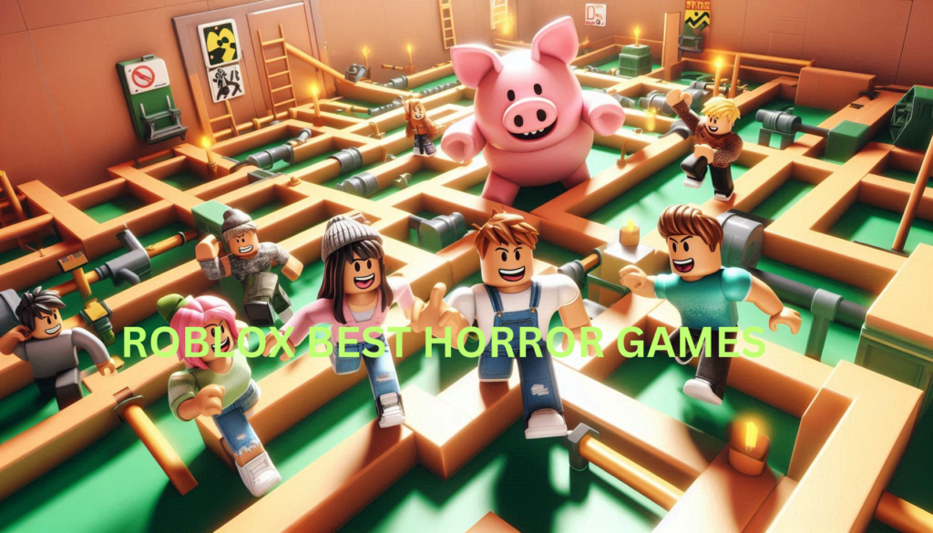 Group of friends navigating a maze while being chased by Piggy in Roblox.