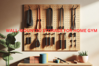 Wooden pegboard with gym accessories like resistance bands, jump ropes, and yoga blocks.