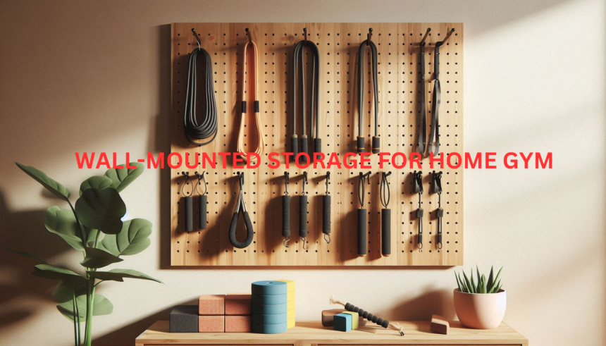 Wooden pegboard with gym accessories like resistance bands, jump ropes, and yoga blocks.