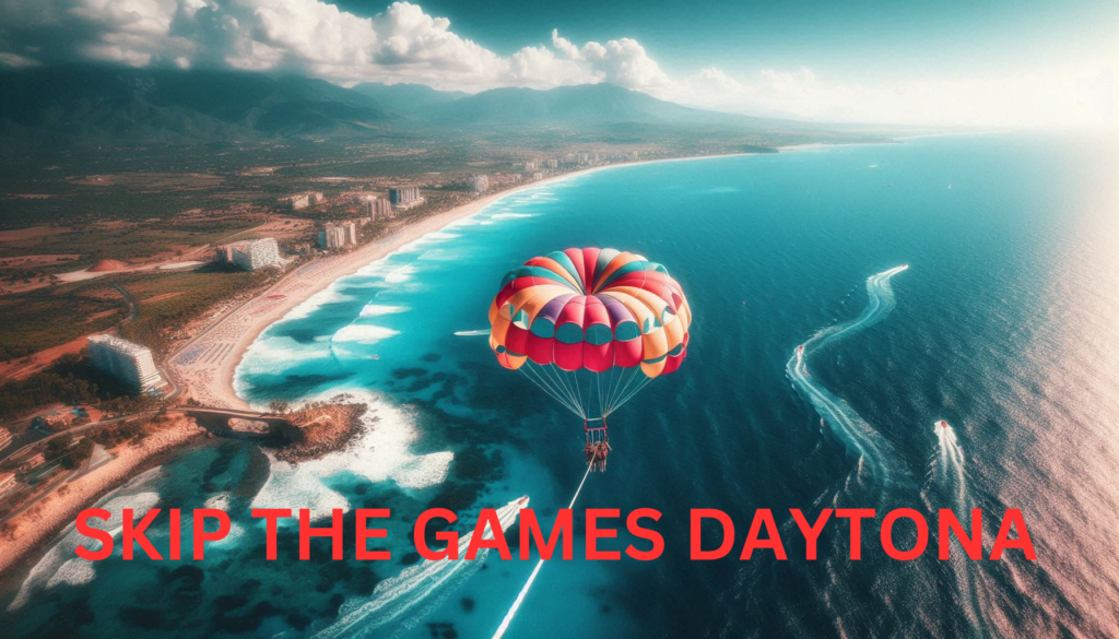 View from a parasail above the ocean in Daytona Beach, showing a colorful parasail and the coastline in skip the games daytona 