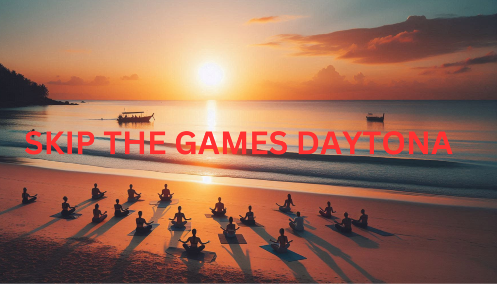 Beach yoga session at sunrise in Daytona Beach, with participants practicing on the sandy shore."