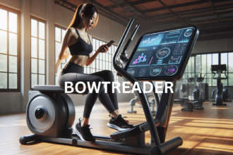 Woman using Bowtreader exercise machine with digital screen displaying workout metrics"