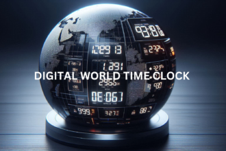 Modern digital world time clock displaying multiple time zones."