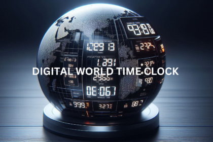 Modern digital world time clock displaying multiple time zones."