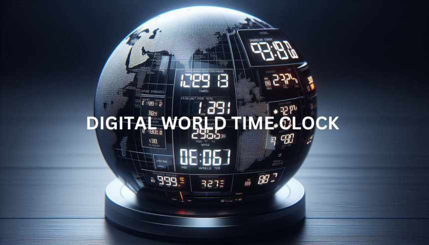 Modern digital world time clock displaying multiple time zones."