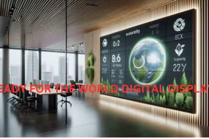 An eco-friendly digital display installed in a modern office setting.