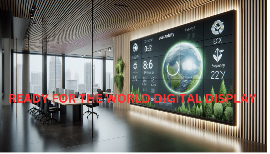 An eco-friendly digital display installed in a modern office setting.