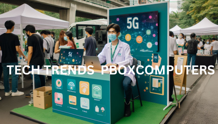 PBoxComputers representatives at a community event discussing 5G technology.