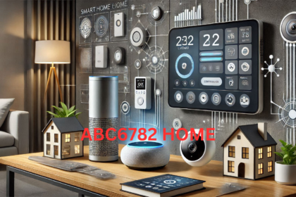 Modern smart home environment with a control panel, AI speaker, smart thermostat, and security camera.