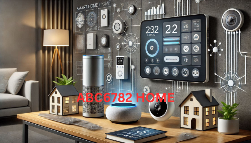 Modern smart home environment with a control panel, AI speaker, smart thermostat, and security camera.