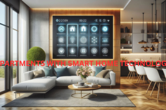 Touchscreen control panel in a smart apartment living room"