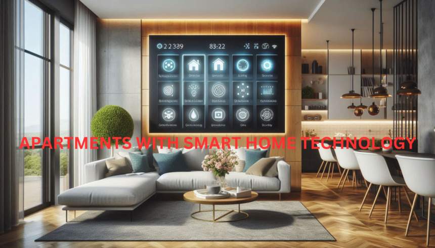 Touchscreen control panel in a smart apartment living room"