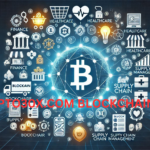 Visual representation of blockchain technology's impact on finance, healthcare, and supply chain management.