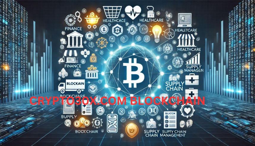 Visual representation of blockchain technology's impact on finance, healthcare, and supply chain management.