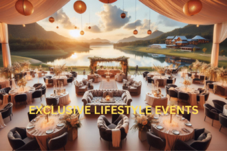 Outdoor luxury event with high-end tents and dining area.