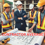 General contractor discussing construction plans with a foreman at a busy construction site. Capti