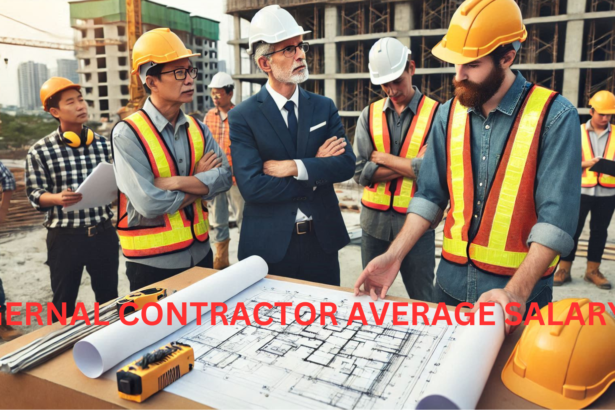 General contractor discussing construction plans with a foreman at a busy construction site. Capti