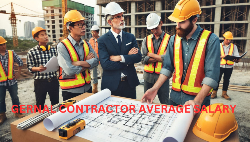 General contractor discussing construction plans with a foreman at a busy construction site. Capti