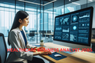 Healthcare business analyst examining a large dataset on a computer screen in a modern office setting.